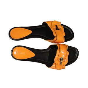 Fendi Vintage Orange Patent Leather Sandals With Buckle Detail, Size 38.5/7-7.5